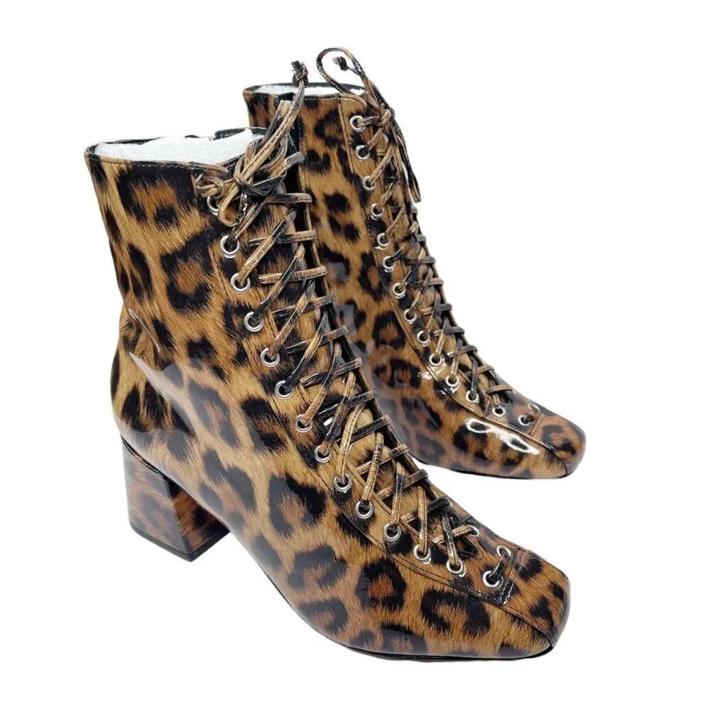 SCHUTZ Kika Leopard Print Patent Leather Lace-Up Boot